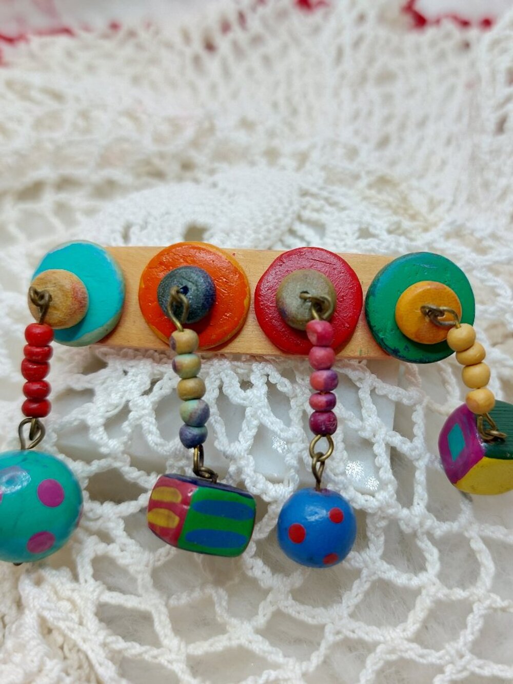 Vintage Boho Hippie Colorful Handcrafted Wooden Dangling Beads and Charms Brooch